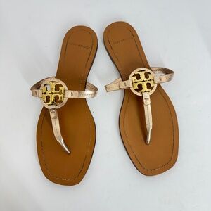 Tory Burch Women Sandals Metallic Rose Gold Leather Thong Flip Flops Size 7 Chic